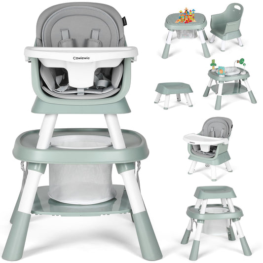 Cowiewie Baby Highchair 16-in-1 Convertible High Chairs for Babies & Toddlers Table Chair Set Building Block Table Highchair with Safety Harness Removable Tray (Green)