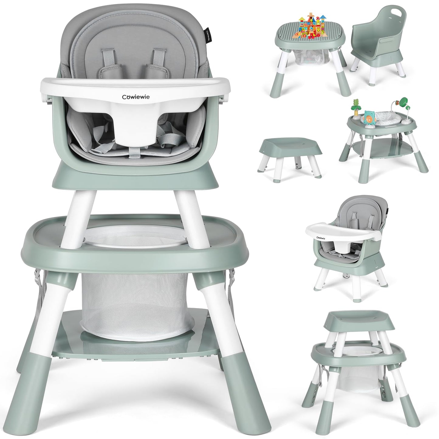 Cowiewie Baby Highchair 16-in-1 Convertible High Chairs for Babies & Toddlers Table Chair Set Building Block Table Highchair with Safety Harness Removable Tray (Green)