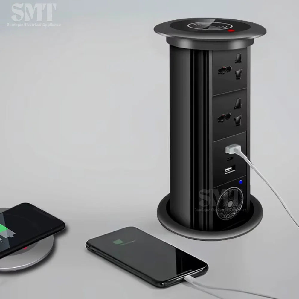 Kitchen Counter Pop Up Socket With USB Worktop Electrical Lifting Plug Outlet Tower Wireless Charger Smart Motorized Power Hub