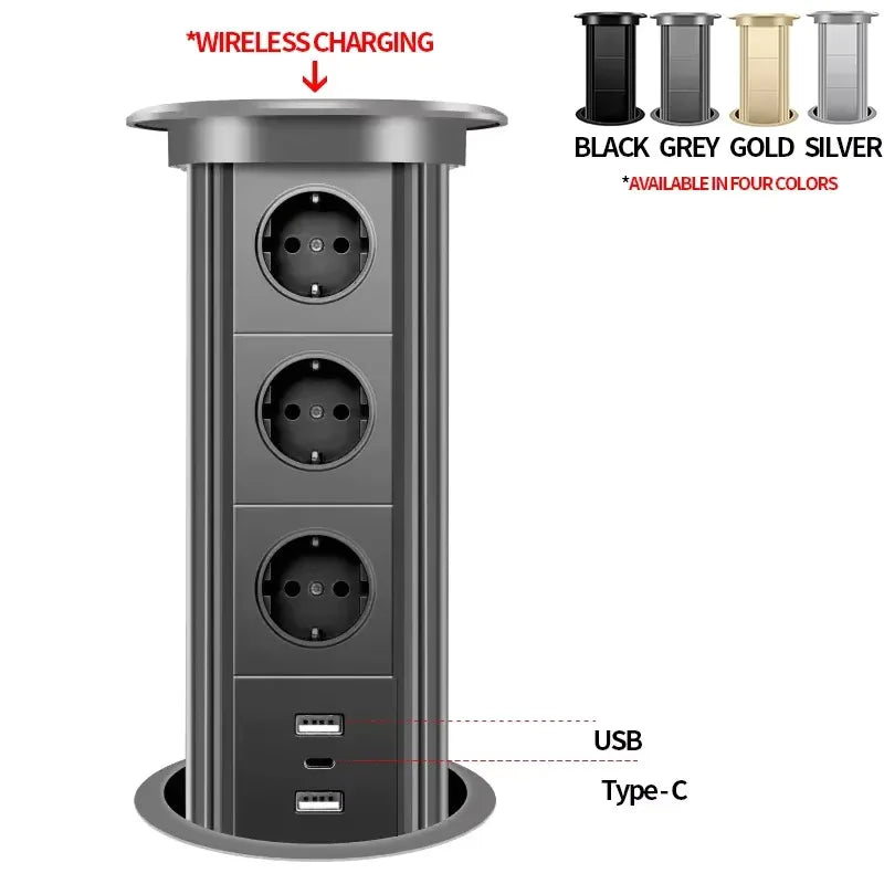 Kitchen Counter Pop Up Socket With USB Worktop Electrical Lifting Plug Outlet Tower Wireless Charger Smart Motorized Power Hub