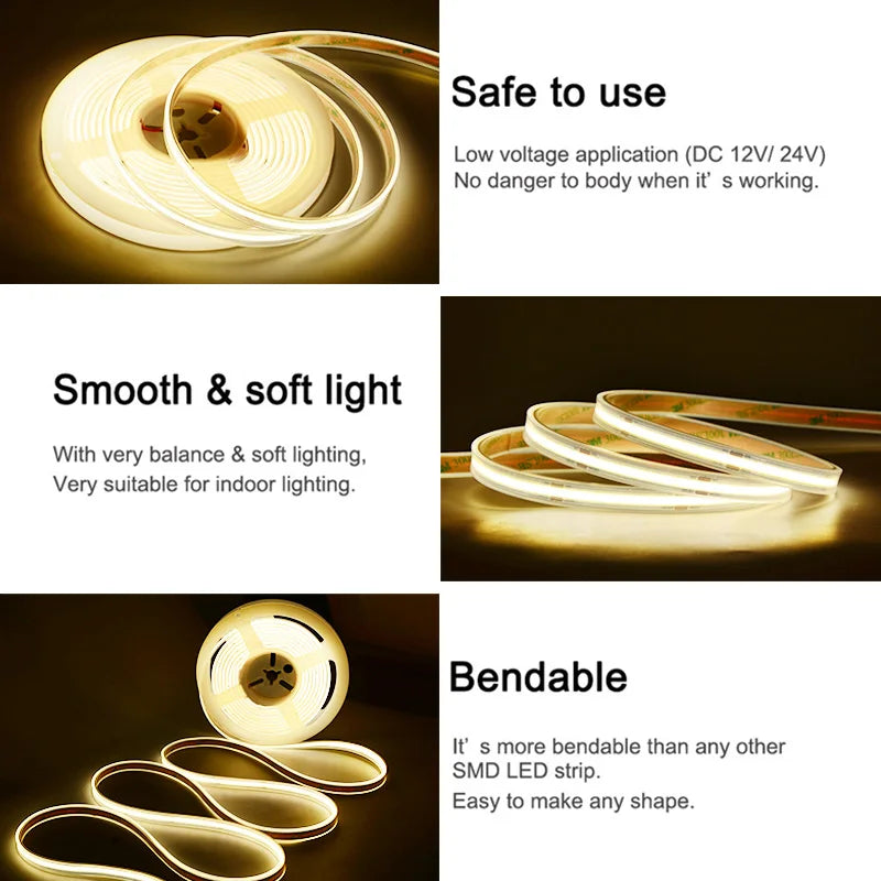 IP67 Waterproof COB LED Strip Lights 24V 480 LEDs/m High Density Flexible Ribbon Tape 3000K 4000K 6500K RA90 Linear Led Lighting
