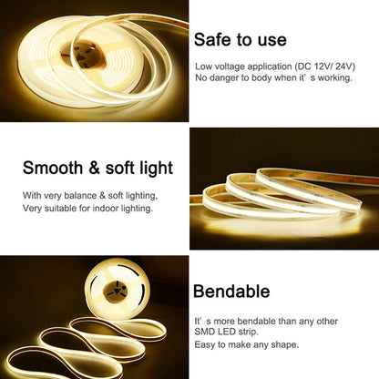 IP67 Waterproof COB LED Strip Lights 24V 480 LEDs/m High Density Flexible Ribbon Tape 3000K 4000K 6500K RA90 Linear Led Lighting