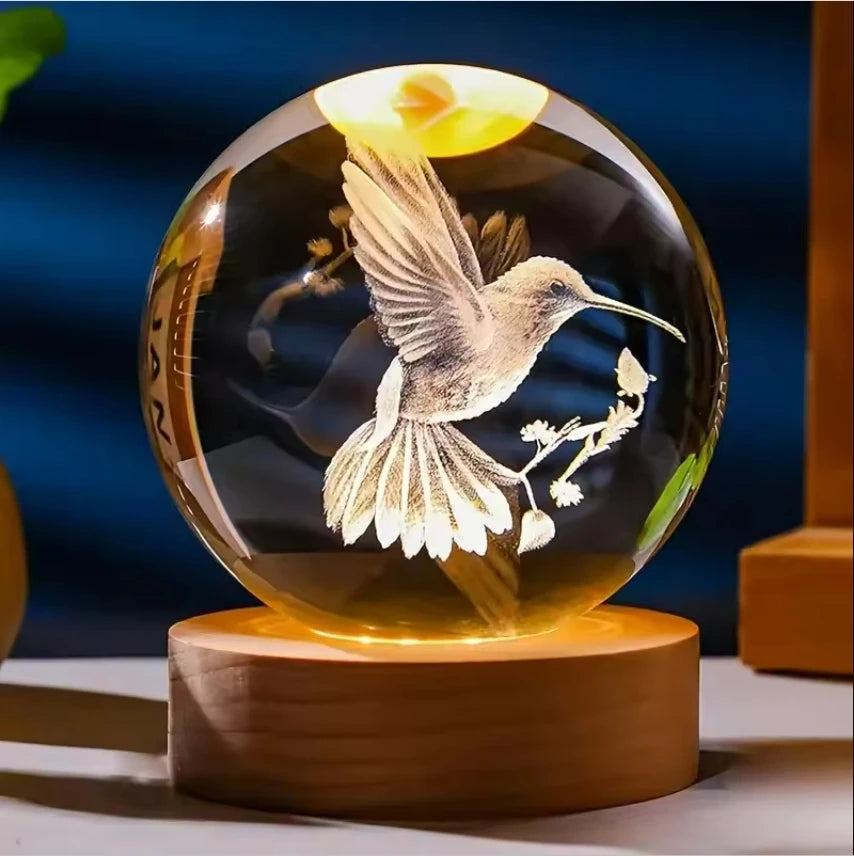 3D Laser Engraved Bird Crystal Ball with LED Stand 60mm Hummingbird Gifts for Women Decor Glass Animals Figurine Room Birthday
