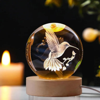 3D Laser Engraved Bird Crystal Ball with LED Stand 60mm Hummingbird Gifts for Women Decor Glass Animals Figurine Room Birthday