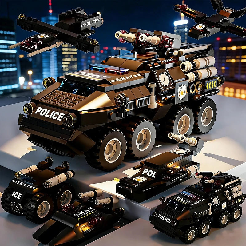 6 in 1 Military Building Blocks Tiger Police Car Armored Vehicle Aircraft Set Boys DIY Construction Toys Christmas Birthday Gift