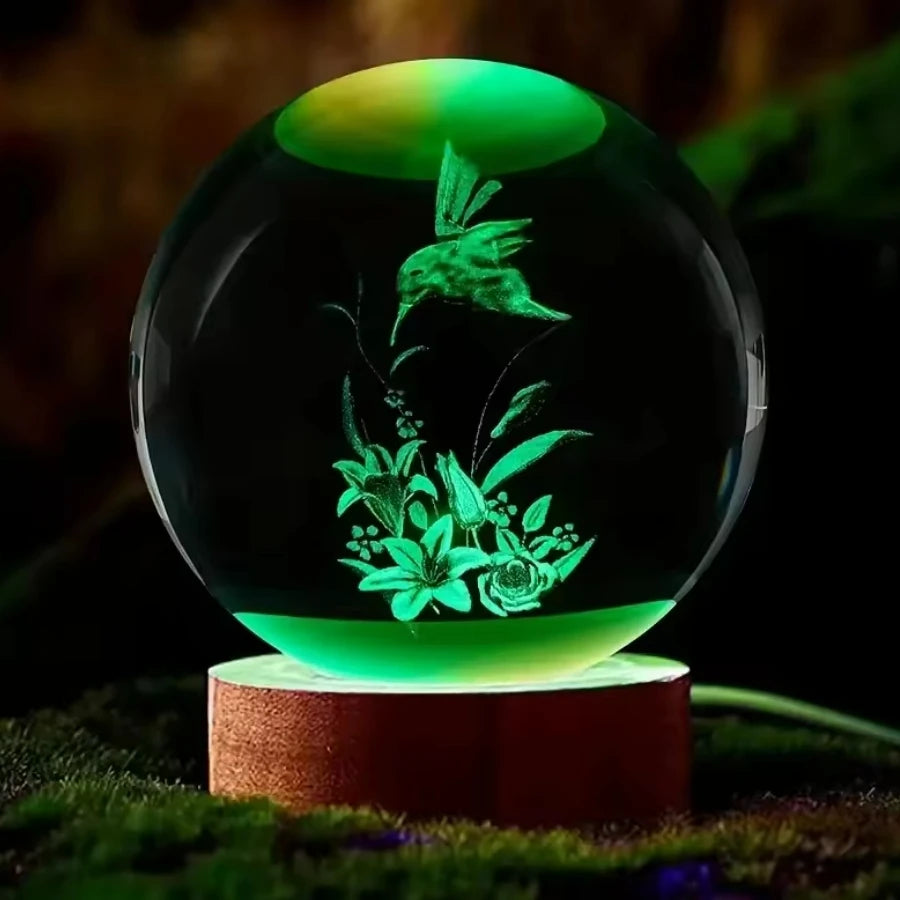 3D Laser Engraved Bird Crystal Ball with LED Stand 60mm Hummingbird Gifts for Women Decor Glass Animals Figurine Room Birthday