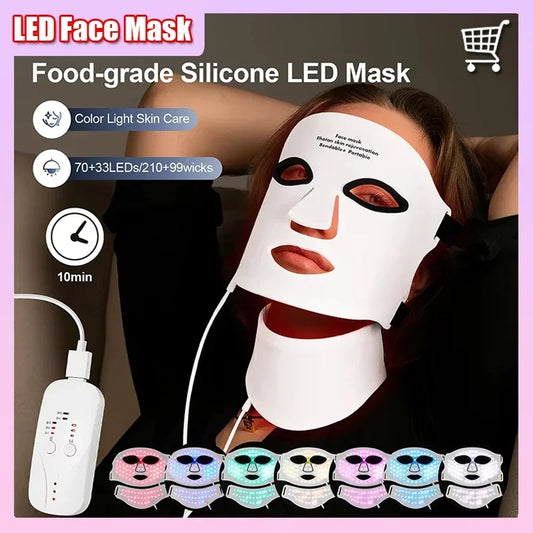 Silicone LED Mask Face With Neck 7 Colors LED Photon Red Light Infrared Therapy Flexible Facial Mask Repair Skin Wireless Use