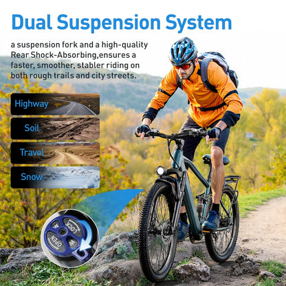 Aairsk GT900 Ebike 250W Motor 36V 13AH Battery Electric Bicycle Mountain OffRoad Full Suspension Adult 26Inch Tire Electric Bike