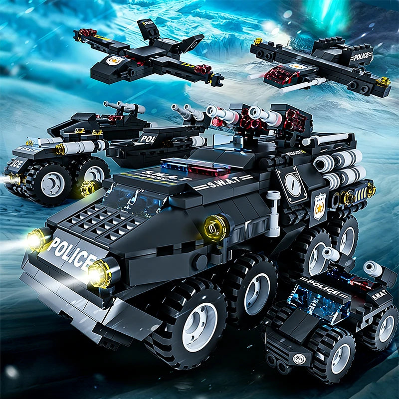 6 in 1 Military Building Blocks Tiger Police Car Armored Vehicle Aircraft Set Boys DIY Construction Toys Christmas Birthday Gift
