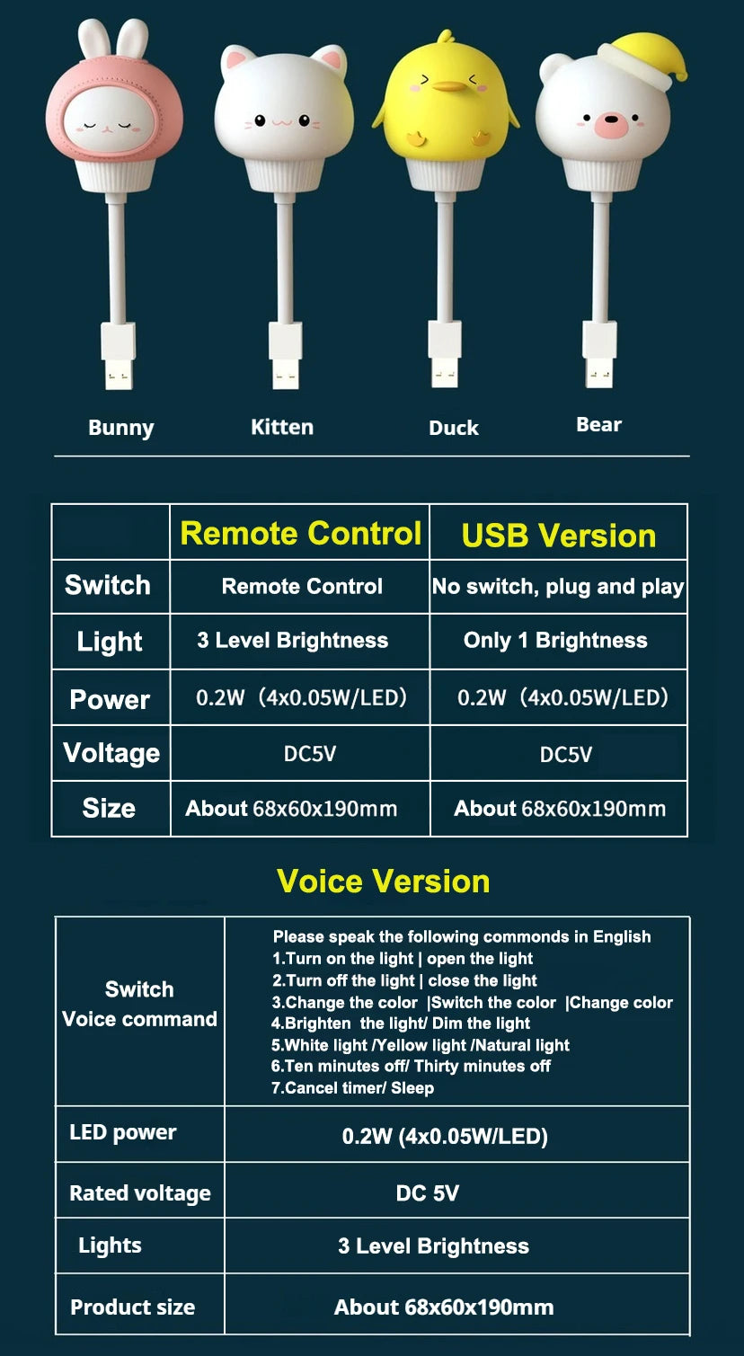 USB Night Light LED Cute Cartoon Night Lamp Bear Chick Kitten Remote Control for Baby Kid Bedroom Decoration Bedside Lamp