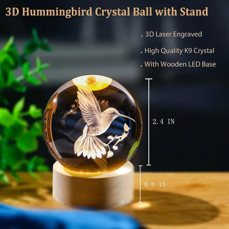 3D Laser Engraved Bird Crystal Ball with LED Stand 60mm Hummingbird Gifts for Women Decor Glass Animals Figurine Room Birthday