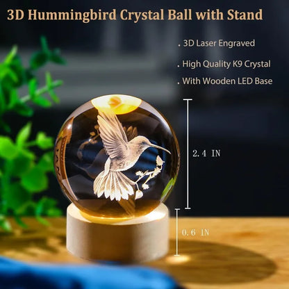 3D Laser Engraved Bird Crystal Ball with LED Stand 60mm Hummingbird Gifts for Women Decor Glass Animals Figurine Room Birthday