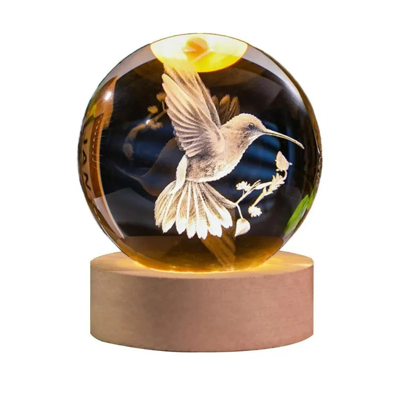 3D Laser Engraved Bird Crystal Ball with LED Stand 60mm Hummingbird Gifts for Women Decor Glass Animals Figurine Room Birthday