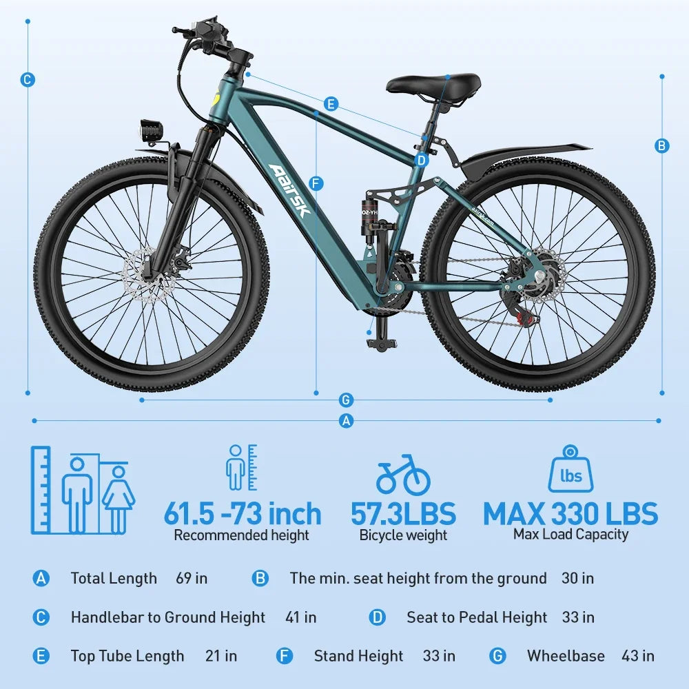 Aairsk GT900 Ebike 250W Motor 36V 13AH Battery Electric Bicycle Mountain OffRoad Full Suspension Adult 26Inch Tire Electric Bike
