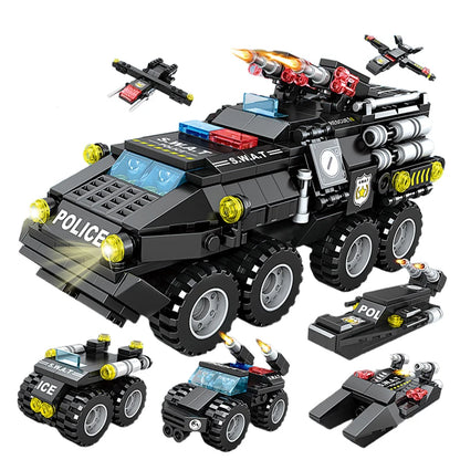 6 in 1 Military Building Blocks Tiger Police Car Armored Vehicle Aircraft Set Boys DIY Construction Toys Christmas Birthday Gift