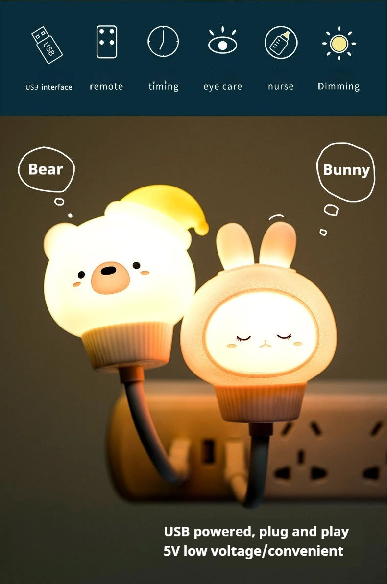 USB Night Light LED Cute Cartoon Night Lamp Bear Chick Kitten Remote Control for Baby Kid Bedroom Decoration Bedside Lamp