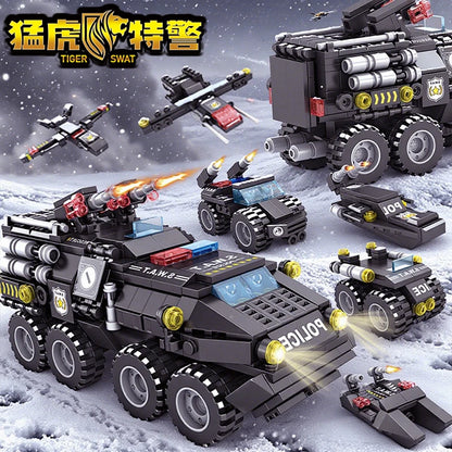 6 in 1 Military Building Blocks Tiger Police Car Armored Vehicle Aircraft Set Boys DIY Construction Toys Christmas Birthday Gift