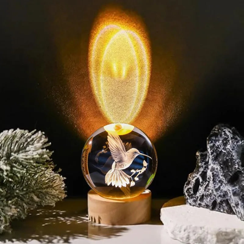 3D Laser Engraved Bird Crystal Ball with LED Stand 60mm Hummingbird Gifts for Women Decor Glass Animals Figurine Room Birthday