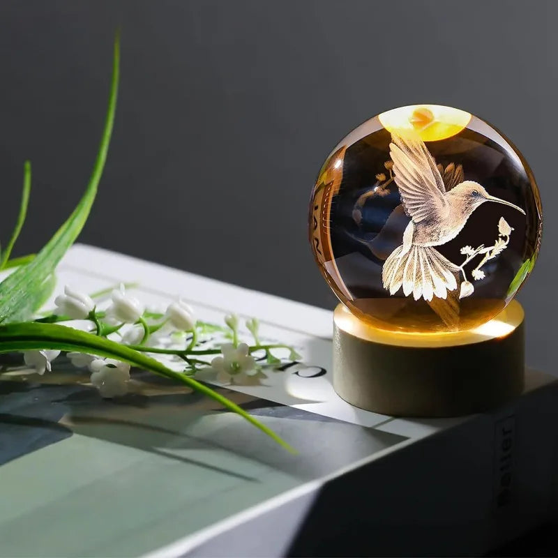 3D Laser Engraved Bird Crystal Ball with LED Stand 60mm Hummingbird Gifts for Women Decor Glass Animals Figurine Room Birthday