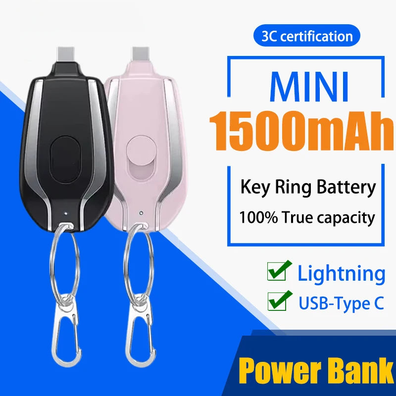 Mini Power Bank Key Ring 1500mAh Type-C Portable Keychain Charger External Spare Battery Pack for Iphone Xiaomi HUAWEI Powerbank