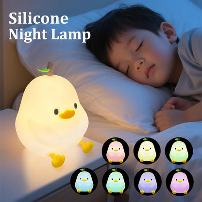 Cute Pear Night Light 7-Color Dimmable Touch-Controlled Night Light Silicone Stress Reducing Pat Duck Lamp USB Rechargeable