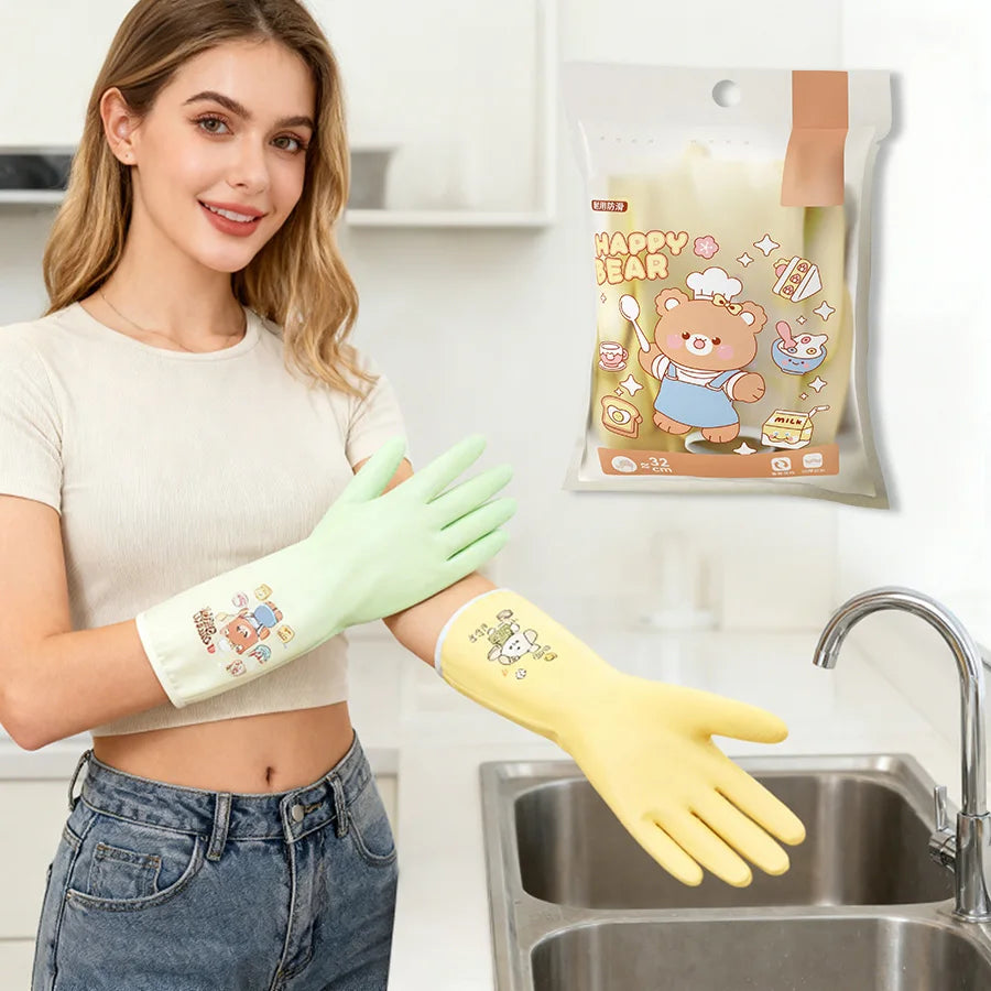 Household Cleaning Gloves 3Pairs Cute Reusable Kitchen Dishwashing Gloves Waterproof Non-Slip Ideal for Dishes Household Chores