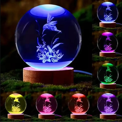 3D Laser Engraved Bird Crystal Ball with LED Stand 60mm Hummingbird Gifts for Women Decor Glass Animals Figurine Room Birthday