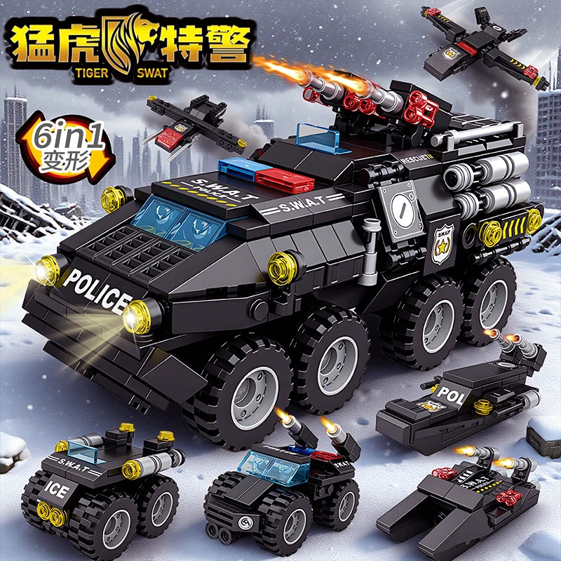 6 in 1 Military Building Blocks Tiger Police Car Armored Vehicle Aircraft Set Boys DIY Construction Toys Christmas Birthday Gift
