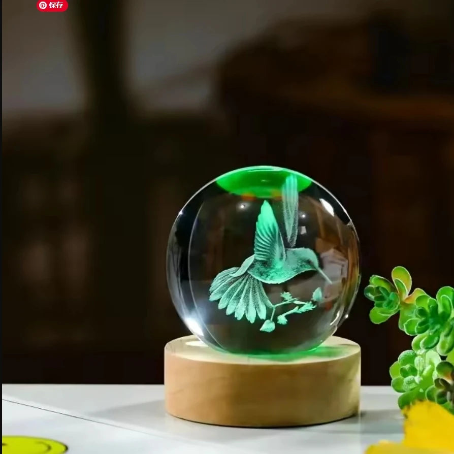 3D Laser Engraved Bird Crystal Ball with LED Stand 60mm Hummingbird Gifts for Women Decor Glass Animals Figurine Room Birthday