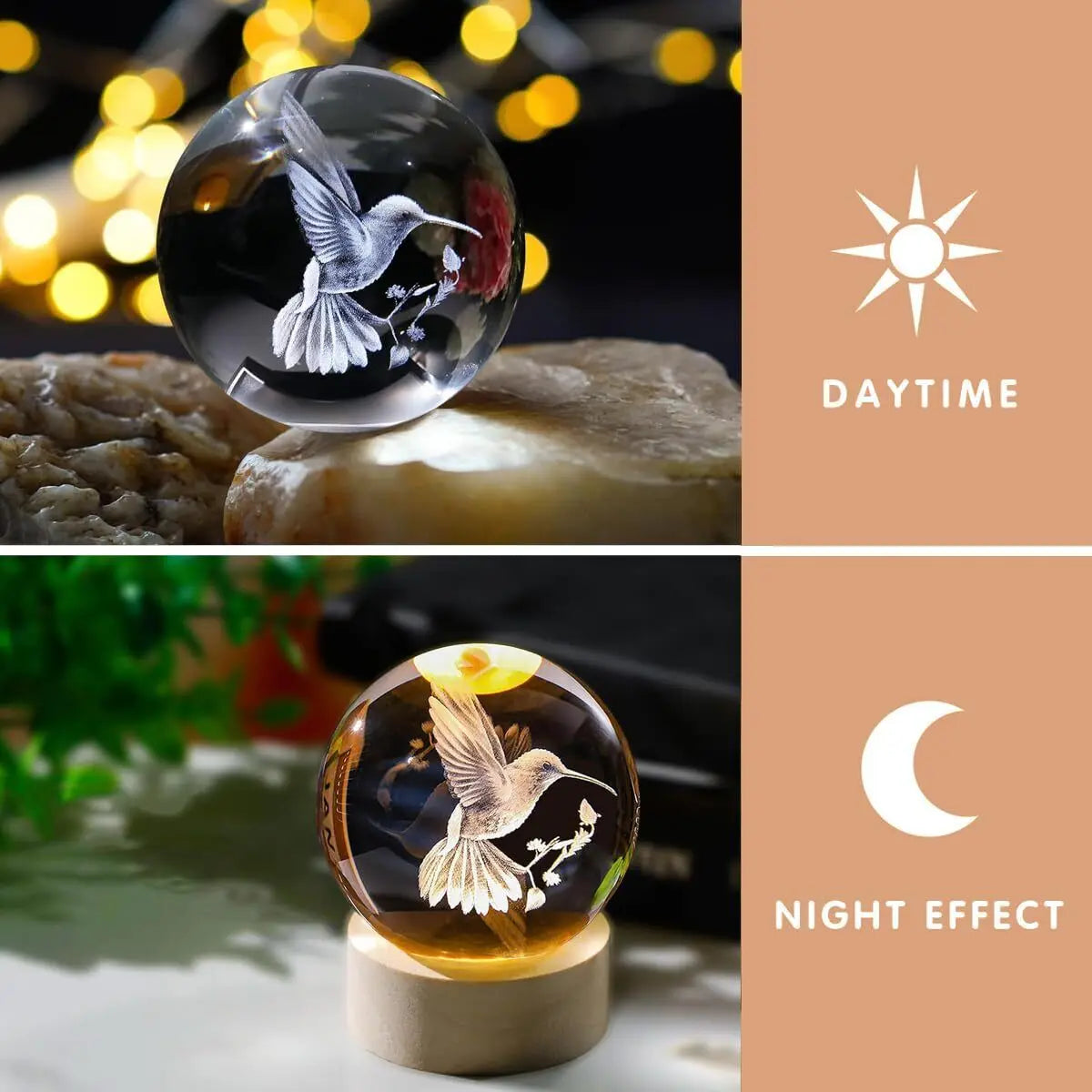 3D Laser Engraved Bird Crystal Ball with LED Stand 60mm Hummingbird Gifts for Women Decor Glass Animals Figurine Room Birthday