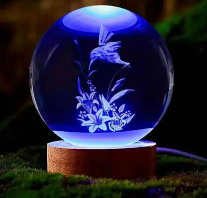 3D Laser Engraved Bird Crystal Ball with LED Stand 60mm Hummingbird Gifts for Women Decor Glass Animals Figurine Room Birthday