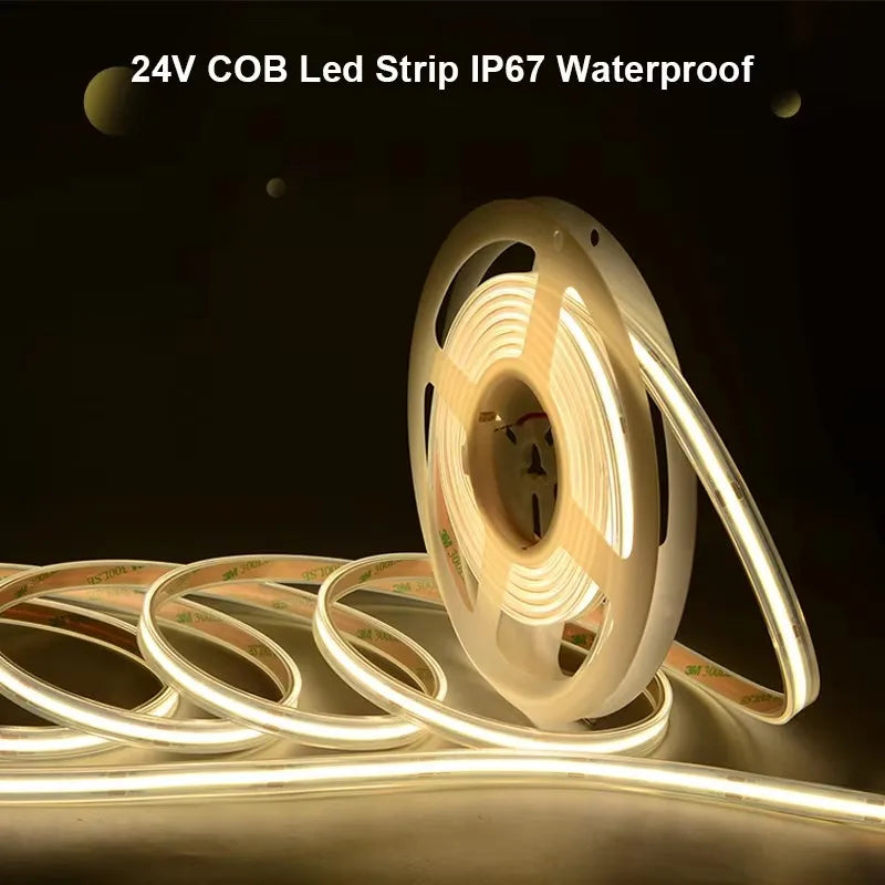 IP67 Waterproof COB LED Strip Lights 24V 480 LEDs/m High Density Flexible Ribbon Tape 3000K 4000K 6500K RA90 Linear Led Lighting