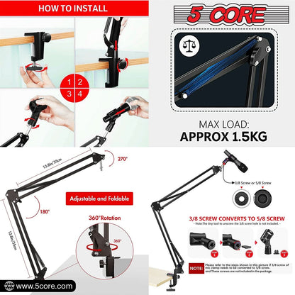 5Core Microphone Boom Arm Desk Mic Stand Adjustable Clamp Suspension Boom Stands BLACK